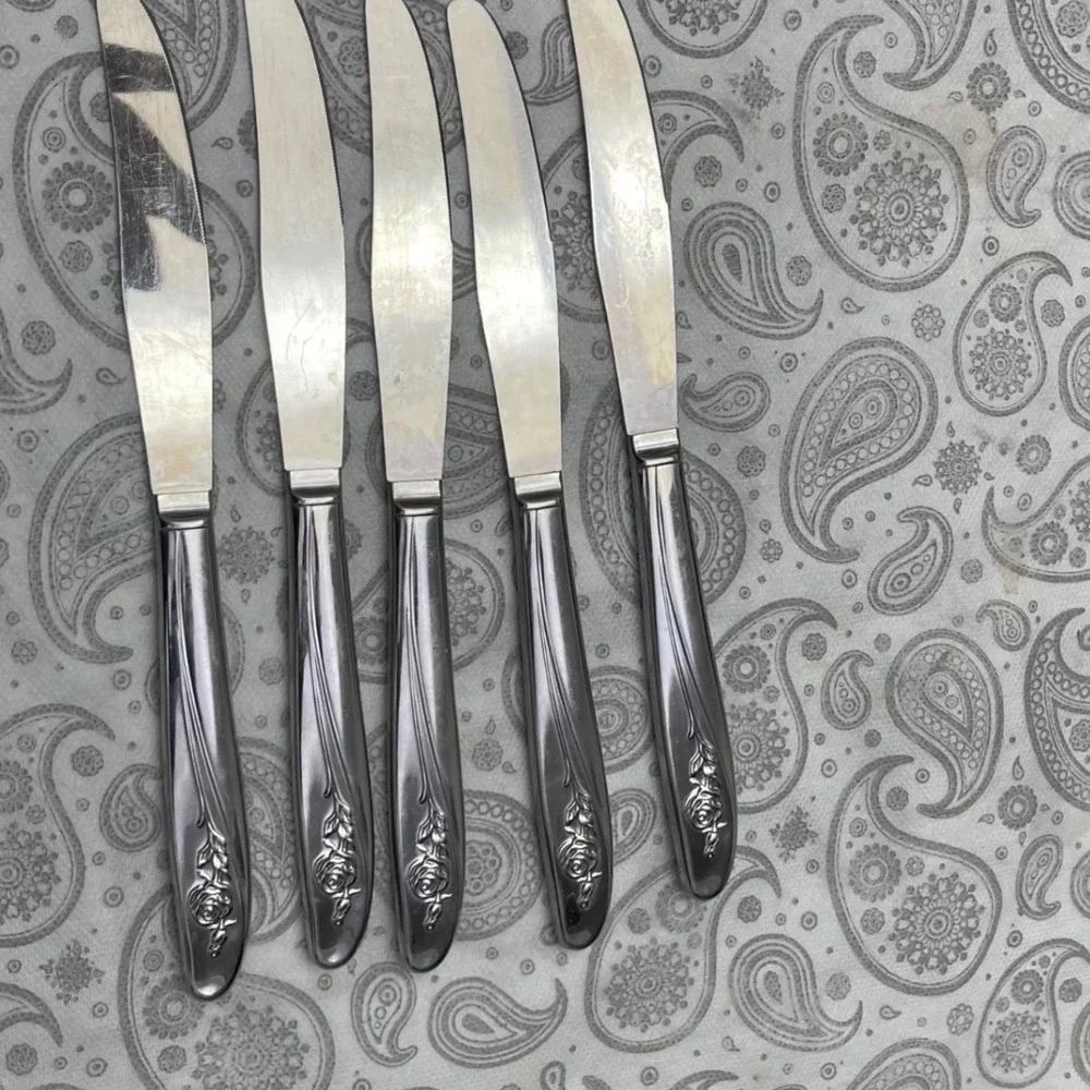 Vintage Stainless Steel Floral Handle Dinner Knives Set of 5